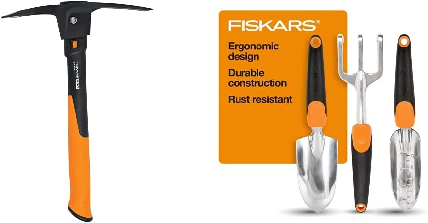 Fiskars 751220-1001 Pro IsoCore Pick/Mattock, 1.5 lb, Orange/Black & 384490-1002 Garden Scratch Tool Set with Shovel, Hand Rake and Spade for Weed Removal, Digging, Gardening, Black/Orange