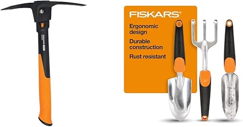 Fiskars 751220-1001 Pro IsoCore PickMattock, 1.5 libras, naranjanegro y 384490-1002 juego de herramientas para raspar jardín con pala, rastrillo de