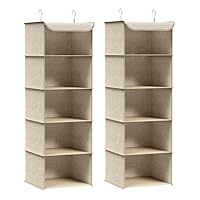 SONGMICS Hanging Wardrobe Storage Organisers, Set of 2, Hanging Storage Shelves, Foldable Wardrobe Clothes Organisers, Space-Saving, Metal Hooks, Bamboo Inserts, Linen Pattern, Sand Beige RCH005Y02