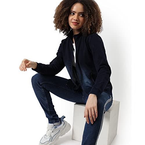 Image of Campus Sutra Women Dark-Washed Blue Denim Regular Fit Zipper Sweatshirt For Winter Wear | Full Sleeve | Cotton Sweatshirt | Casual Sweatshirt For Woman | Western Stylish Sweatshirt For Women