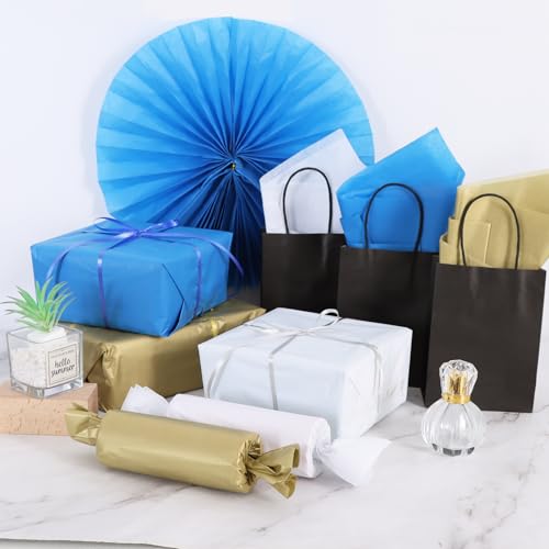 Image of BEISHIDA 90 Sheets Blue White Gold Tissue Paper Bulk, Halloween Wrapping Tissue Paper for Gift Bags, 14 x 20 Inch Gift Wrap for Halloween Graduation Birthday DIY Crafts Holiday Flowers