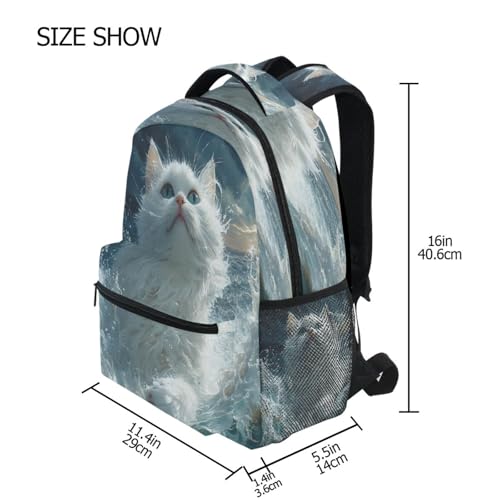 White Cat Water Kitten Animal Backpack for School Boys Girls Adults Kids Bookbag Laptop Bag 18L4