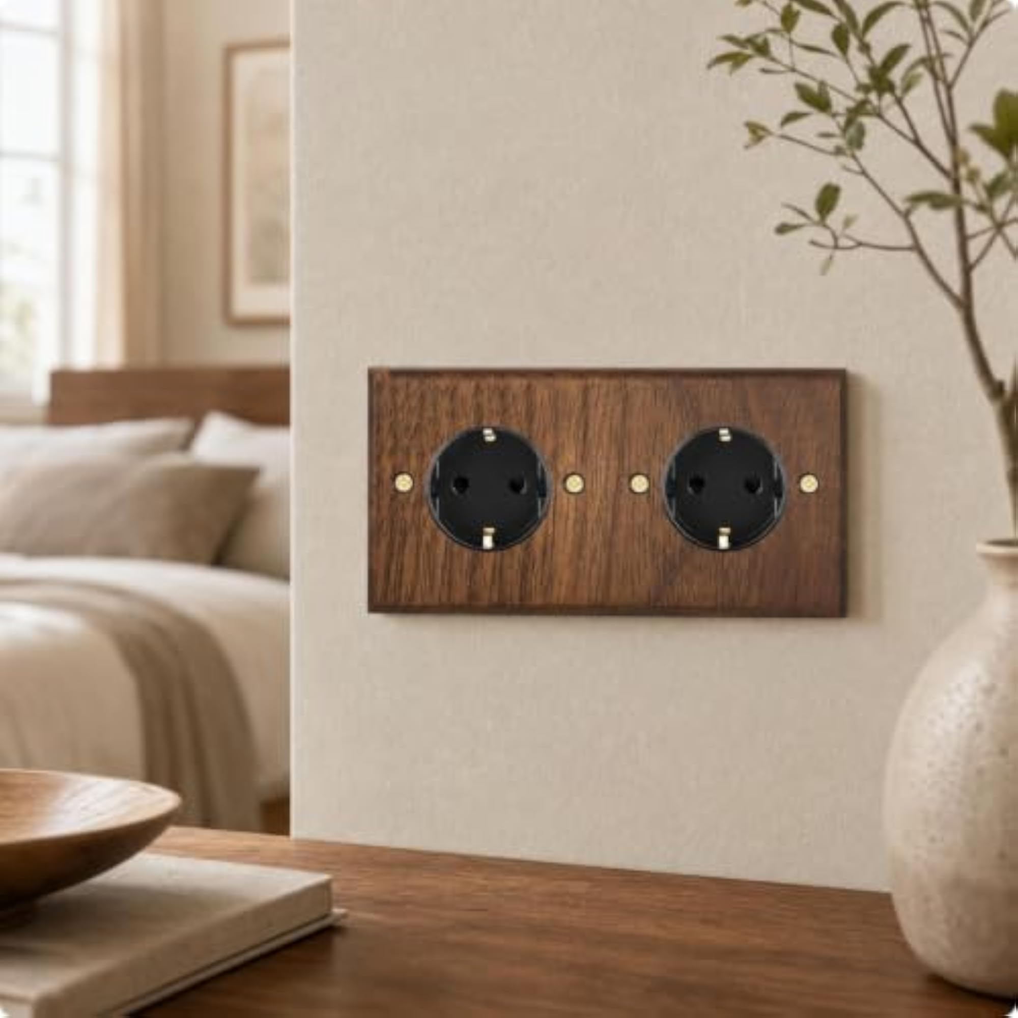 Socket Panel with Wood-Grain Faceplate, Dark Walnut Tone