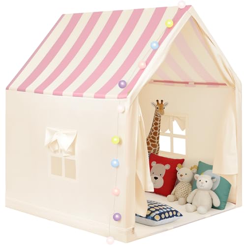 Anbte Tienda de Campaña Infantil con Luces, Casita Infantil de Tela Lavable, Rincón de Lectura para Dormitorio, Regalo para Niños y Niñas 3-13 Años - 100X120X130 cm-Rosa