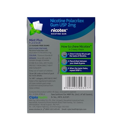 Image of Cipla Nicotex Nicotine Sugar Free Mint Plus Gums 2mg | Helps to Quit Smoking | WHO-approved Therapy | 15 Gums per Pack | Pack of 1