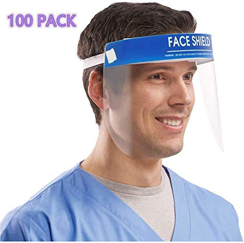100PCS Safety Face Shield with Full Protective Clear Film Face Shield Protect Eyes and Face from Splash and Splatter Elastic Band and Comfort Sponge for Men and Women - FDA Approved