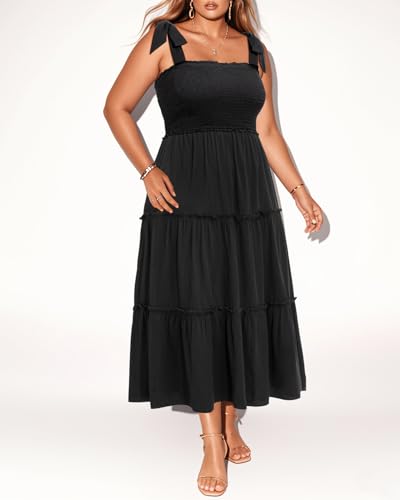 Image of Plus Size Summer Dress - Sun Boho Beach Casual Floral Tiered Smocked Long Maxi Dresses