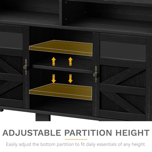 DWVO 55'' Farmhouse Buffet Cabinet with Storage, Large Sideboard Cabinet with 2 Doors & Open Storage, Versatile Coffee Bar Table for Kitchen & Living Room (Black)