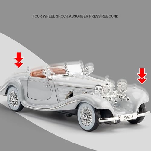 Image of 1:24 Benz 500K Toy Car Model, Diecast Collectible Pull Back Model Car with Sound and Light, Retro Classic Car Toy Gift Vehicles for Adults, Kids, Boys, and Girls (Silver)