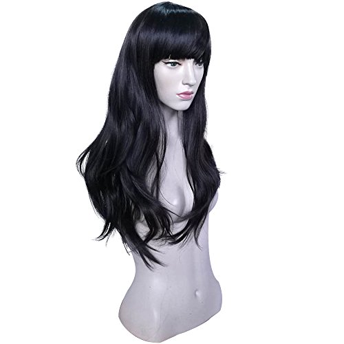 Namecute Long Black Wig Curly Synthetic Mix Real Hair Wigs for Daily Used + Free Wig Cap