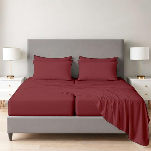 7 Piece Split California King Bed Sheet Set, Ultra Soft & Wrinkle Free, Fits Between 12" to 16" Deep, Easy Care Brushed Microfiber, Breathable and Cooling Bedding, Burgundy Solid