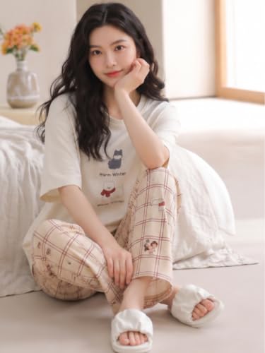 Image of Celary Women's Cotton Blend Printed Night Suit Set||Soft & Breathable Short Sleeve Top & Ethnic Print Pyjama Set||Also Available in Plus Size||Korean Night Suit||Comfortable Home Wear & Sleepwear