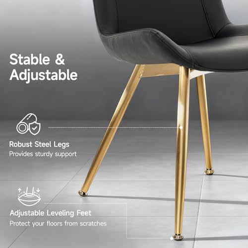 Brage Living Dining Chairs Set of 2, PU Leather Modern Armless Kitchen Dining Room Chairs, Upholstered Accent Side Chairs with Metal Legs (Black, Gold Legs)