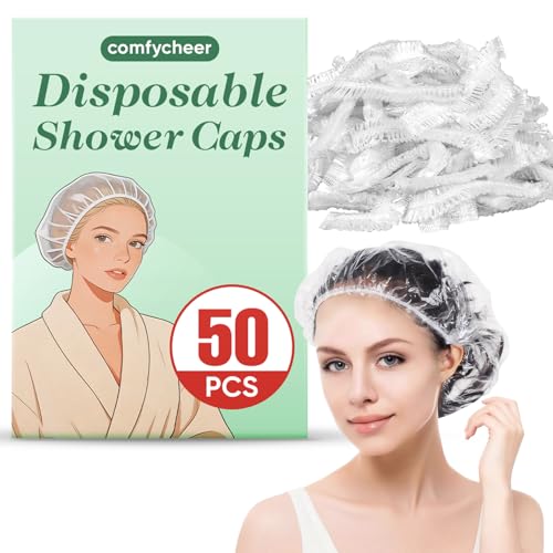 Comfycheer 50pcs Disposable Shower Caps Large Clear Plastic Shower Cap Waterproof Shower Cap for Women and Men Hair Treatment Large Size 16.5 INCH