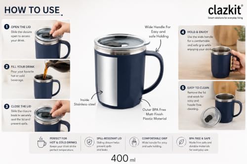 Image of Clazkit Travel Leak Proof Coffee Mug | Stainless Steel Coffee Tumbler | Spill-Proof Lid | Hot & Cold Vacuum Mug for Office, Travel & Car- 400ml - Dark Blue