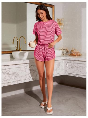 Image of OYOANGLE Womens Pajama Sets 2 Piece Sexy Lounge Sets Summer Cute Pjs Striped Print Tee and Side Split Shorts Set