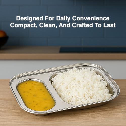 Image of Expresso 2 in 1 Rectangle Eight Compartment Divided Plate /Thali /Bhojan Thali /Mess Tray /Dinner Plate | Plates for Lunch /Dinner with Mirror Finish Stainless Steel Bhojan Plates Set of 2