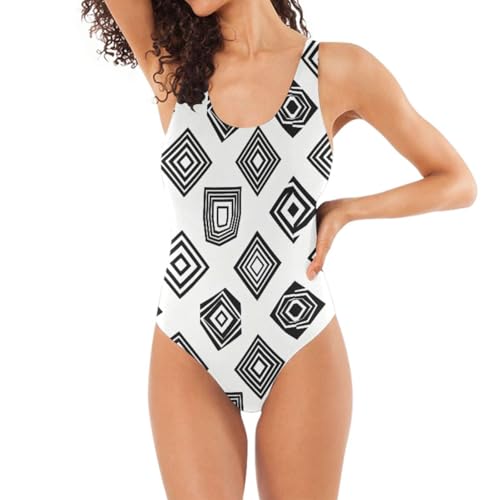 Traje de baño negro mujer que estiliza el abdomen con capas cuadradas