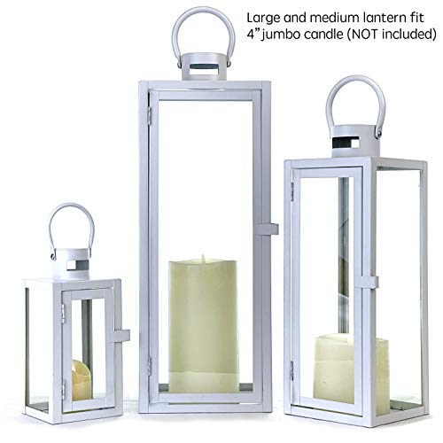Image of Allgala 3-PC Lantern Set 23 Inch Jumbo Deluxe Modern Indoor /Outdoor Candle Lantern Set White Painted Ironl Frame Tempered Glass Rectangular for Garden Poolside Fireplace Wedding