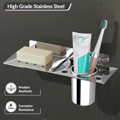 Image of Plantex Stainless Steel 2in1 Soap Dish with Tumbler Holder /Soap Stand /Tooth Brush Holder /Bathroom Accessories - Wall Mount (Chrome)