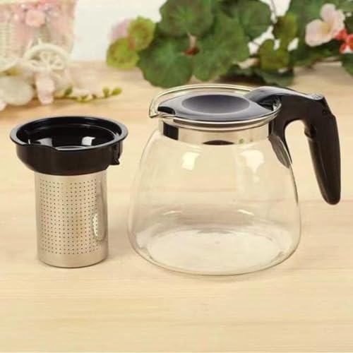 Image of Borosilicate Round Glass Tea Pot with Heat Resistant Stainless Steel Infuser Perfect for Tea and Coffee Maker, Clear Glass Kettle (TEAPOT with Black Handle) 1000ml (roung Kettle)