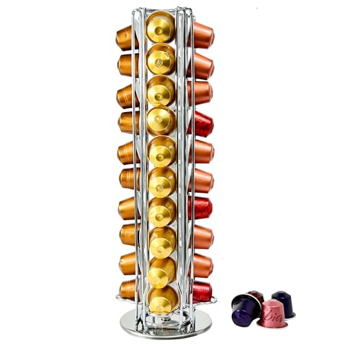 Wrobic Kapselhalter Nespresso Kapseln Kapselständer drehbarer Gerader Halter für 40 Stück Nespresso Kaffee Kapseln (Silber Nespresso Kapselhalter)