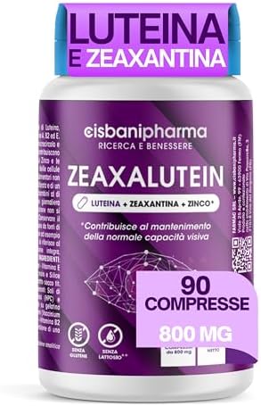 CISBANI PHARMA Luteina e Zeaxantina ad Alto Dosaggio, Integratore Occhi Vista Antiossidante da 800mg (Scorta per 3 mesi) con Mirtillo Nero e Rosso, Zinco, Vitamine A, B2, E - Zeaxalutein 90 Compresse