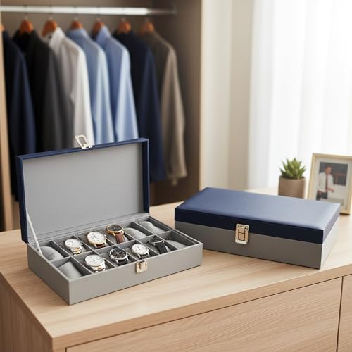 Image of MDF Unisex Faux Leather Watch Organiser Box with 12 Slots | Color: Blue-Gray