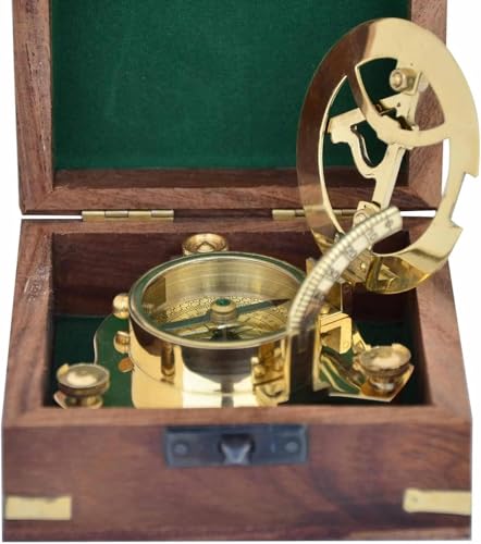 Brújula reloj de sol vintage de latón con caja de madera miniatura 2