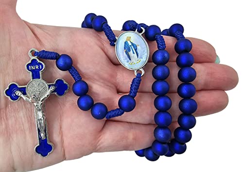 TALISMAN4U Deep Blue Rosary Beads Catholic Prayer Necklace with Saint Benedict Crucifix Our Lady of Grace Medal Religious Gift Rosary Pouch3