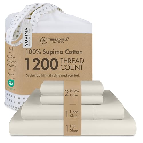 Image of Threadmill 1200 Thread Count Supima Cotton Queen Sheet Set, Sateen, Taupe | 100% Supima Cotton, Sateen Weave, 4-Piece Set, 17 inch Deep Pocket, All-Around Elastic, Hotel Quality, OEKO-TEX Certified