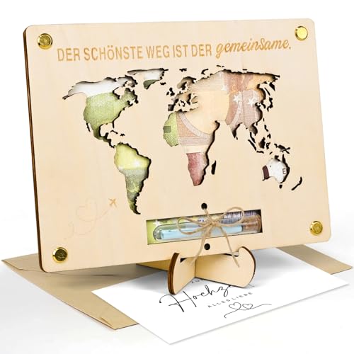 Joellfuner Geldgeschenk Hochzeit, Weltkarte Bilderrahmen Geldgeschenk, Hochzeit Geschenke mit Ständern Briefköpfe, Dekorative Geschenkkarte Holz, Personalisierte Weltkarte für Brautpaar (Holzfarbe)