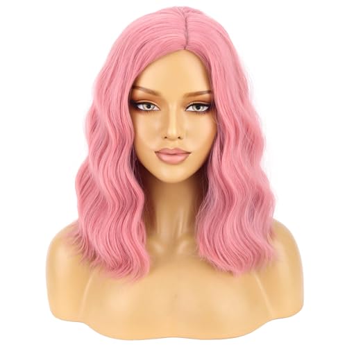 Image of BERON 14 inch Pink Wigs for Women Girls Short Curly Wavy Wig Pastel Colored Shoulder Length Side Part Wave Halloween Cosplay Daily Party Wigs