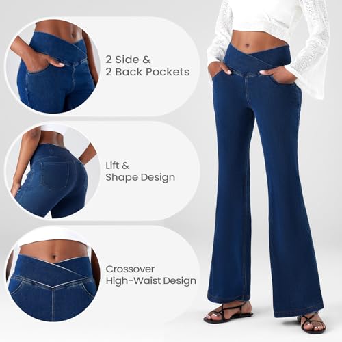 Fanica Women's High Waisted Tummy Smoothing Flare Jeans - Stretch Knit Denim Bell Bottom Pull On Leggings with Pockets3