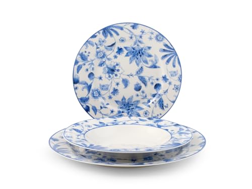 H&H, Service de table 18 pièces Blue Arbor set table complet, assiettes avec décoration bleue,...
