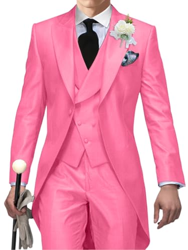 Men's Tailcoat Suit,Mens Tuxedo 3 Piece Slim Fit Suits Double Breasted for Men Summer Wedding,Proms,Concert,Rose Red,L
