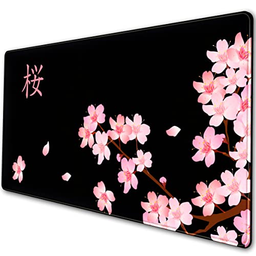 Cherry Blossoms Grand tapis de souris de gaming avec base en caoutchouc antidérapante avec bords cousus XXL Noir 80 x 40 cm