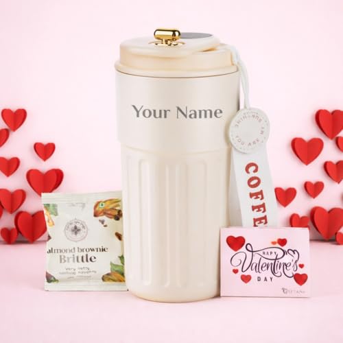 Image of Giftana Personalized Valentines Gift Set - Coffee Tumbler with Temperature Display, Brownie Brittle & Valentines Day Card - Valentine Gift for Girlfriend Boyfriend, Travel Mug 420ml - White