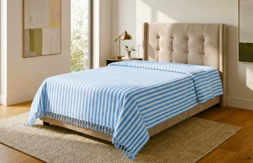 Image of Khadi Handloom Handmade 210TC Single Bed Sheet Cotton 7.5X5 feet Superfine Premium Cotton bedsheet Single Bed Combo & Single Pack (Sky-stripe-90X53, Full)