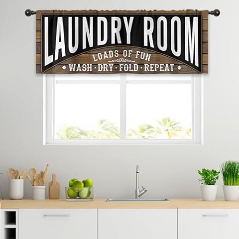 Cinbloo Funny Laundry Room Valance Kitchen Curtains 52Wx18H Inch Rod Pocket Vintage Farmhouse Black Short Curtains Art Printed Rustic Wooden Living Room Bedroom Window Drapes Treatment Fabric 2 Panels Cover