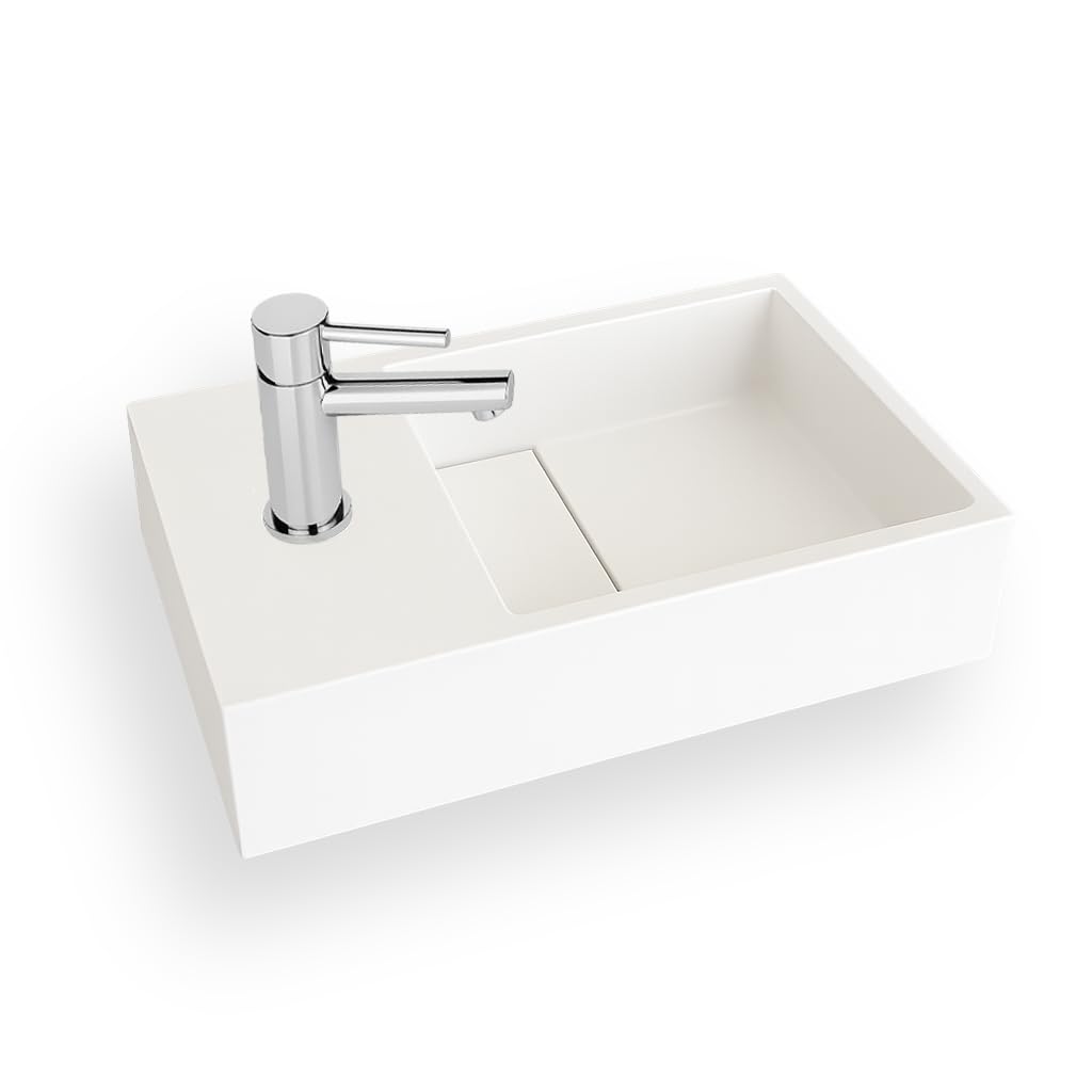 Lave-mains suspendu blanc mat MANITA G - Lavabo rectangulaire en Solid surface 35cm