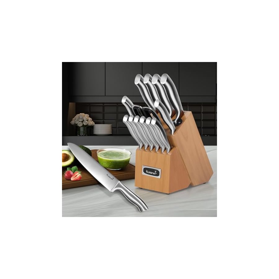 Kuisine-Premium-Knife-SetSharp-Blade-Ergonomic-Non-slip-HandleKitchen-Block-Knife-Set-Chef-Knife-Block-Set-with-Built-in-SharpenerAcacia-15PCS Kuisine Premium Knife Set,Sharp Blade Ergonomic Non-slip Handle,Kitchen Block Knife Set Chef Knife Block Set with Built-in Sharpener(Acacia, 15PCS)