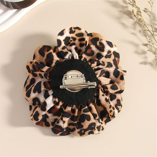 Image of Satin Fabric Leopard Rose Flower Large Brooch Pins Handmade Elegant Extra Big Camellia Silk Flowers Floral Lapel Pin for Women Wedding Bridal Prom Party Dance Dress Suit Clothes Accessories