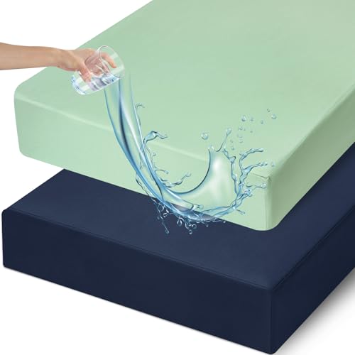 Image of david's kids Waterproof Crib Sheets Fitted 2 Pack, Ultra Soft Breathable Crib Mattress Protector for Boys Girls Neutral, Fit Standard Crib Mattress and Toddler Mattresses, Navy Blue & Sage Green