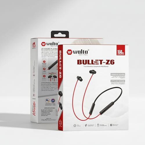 Image of Walta Bullet Z6 Wireless Bluetooth 5.4 Neckband Earphones with ENC Noise Cancellation, 13mm Bass Driver, Fast Charging Type-C, 20H Playback, Magnetic Earbuds, Sweat Resistant Headset with Mic (Yellow)