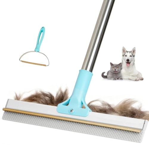 Thalomely Carpet Rake for Pet Hair Removal Tool, 2 in 1 TPU and Copper Rake Teeth Uproot Clean Hair Remover with 54’’ Adjustable Long Handle, Reusable Cat & Dog Fur Broom for Carpets,Rugs, Mats
