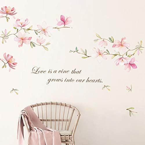 decalmile Pink Flower Wall Decals Magnolia Floral Wall Stickers Girls Bedroom Living Room Door TV Wall Decor
