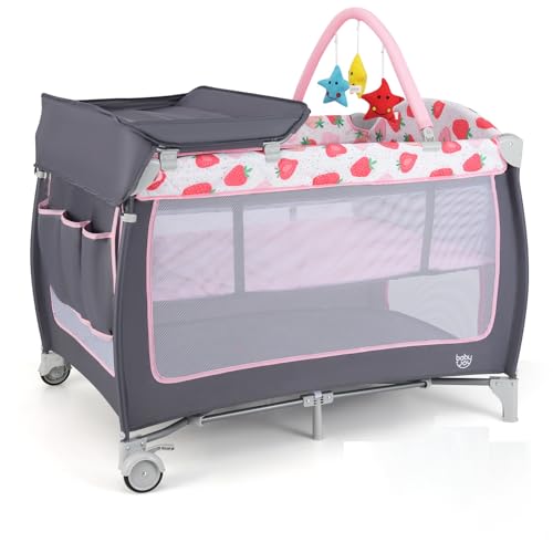 Image of BABY JOY 4 in 1 Pack and Play, Portable Baby Playard with Bassinet, Side Zipper Door, Changing Table, Indoor Outdoor Travel Nursery Center w/Hanging Bar, Lockable Wheels, Carry Bag