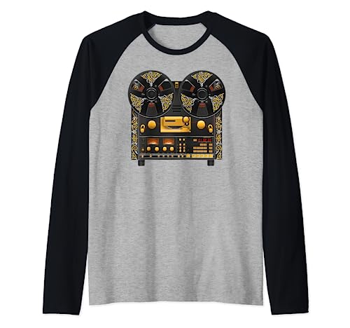 Audiophile Power Amplifier Speaker Shirt - Reel to Reel Tape Deck Recorder with Vintage Scrolls T-Shirt Raglan Baseball Tee