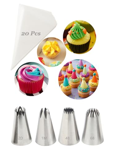 1M, 2D, 4B, 6B Piping Tips Set with Disposable Bags – Professional Stainless Steel Icing Nozzles for Cake & Cupcake Decorating